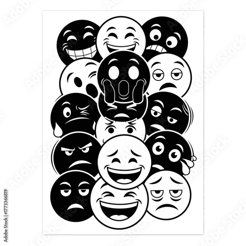 Black and White Emoji Collage - Expressing a Range of Emotions.