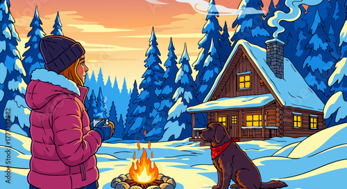 Captivating winter evening A solitary woman and her loyal dog find warmth by a crackling campfire outside a rustic cabin nestled in a tranquil snowy forest