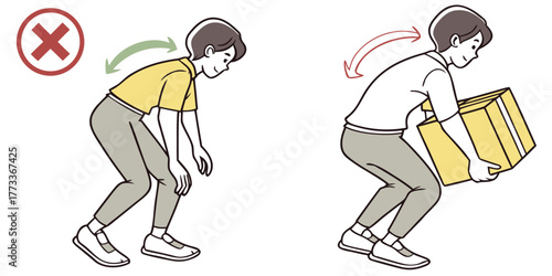 Safe lifting techniques demonstrated for workplace safety training and ergonomic education, originally a vector graphic