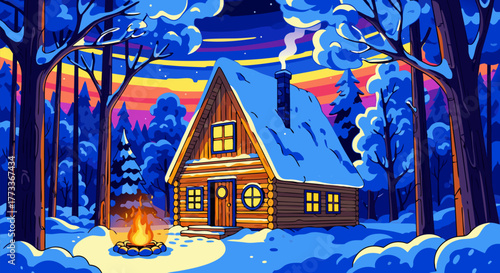 Winter Cabin Retreat Cozy Wooden House in Snowy Forest Under Twilight Sky, Warm Fire & Gentle Smoke