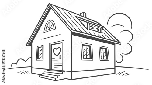 Sweet home illustration with heart on door for family concept, cozy living, real estate dream, and loving abode in charming outline style design