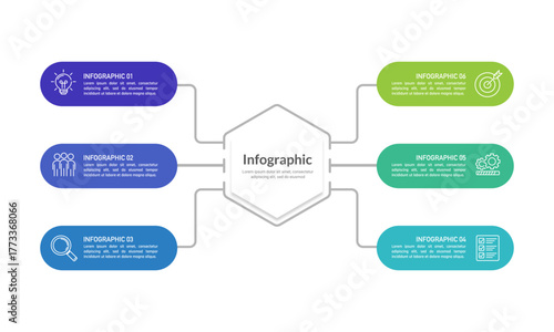 Process Mind Map Layout with 6 Options for Project Goals and Teamwork. Presentation, Strategy and Plan. Vector illustration.
