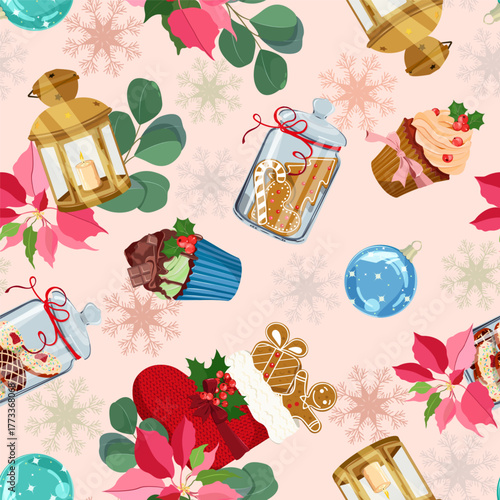 Christmas seamless pattern with gingerbread, lanterns, Christmas sock and Christmas balls. Suitable for decorating textiles and packaging. Vector illustration.