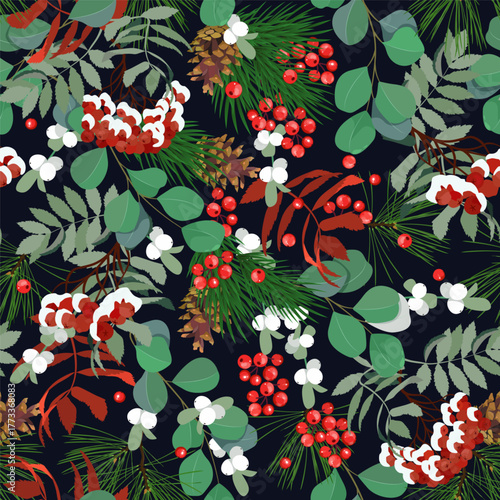 Fish branches on snow, pine branches, and eucalyptus - a beautiful vector illustration on a black background. This illustration is perfect for decorating textiles and packaging.