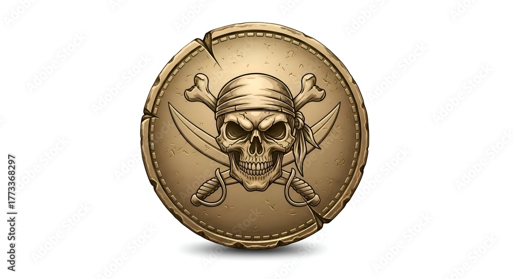 Naklejka premium Illustration of a pirate gold coin with skull engraving, white backdrop