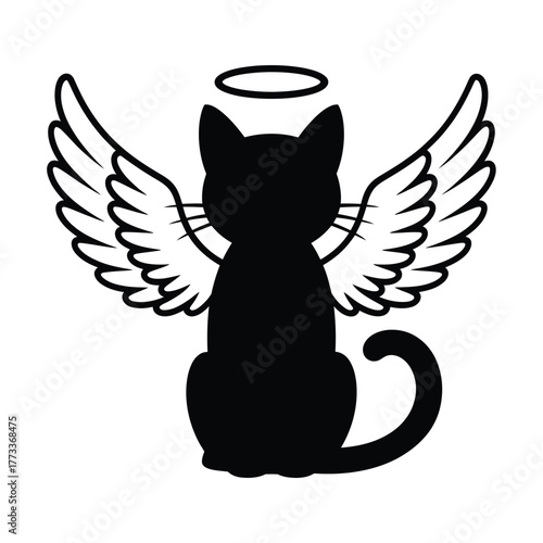 Silhouette of a black cat with angel wings and a halo representing a guardian angel