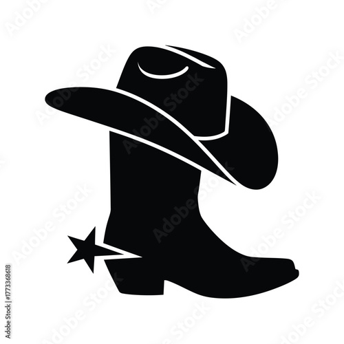 Iconic black silhouette of cowboy hat and boot with spur on white background