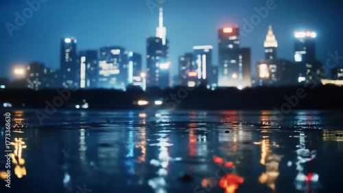 Nighttime Urban Landscape with Illuminated Skyscrapers and River Reflection.