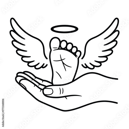 Angel baby foot in caring hand with halo and wings symbolizing loss and remembrance