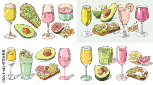 Hand-drawn pastel illustration of avocado drinks, toasts, and fruits. Fresh and healthy food art perfect for café, nutrition, and lifestyle design.