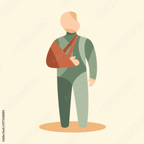 Person wearing a red arm sling for injury support, standing against a plain background with a subtle shadow