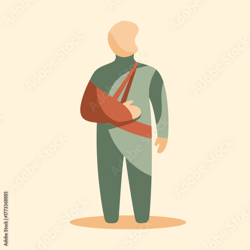 Person wearing a red arm sling for injury support, standing against a plain background with a subtle shadow