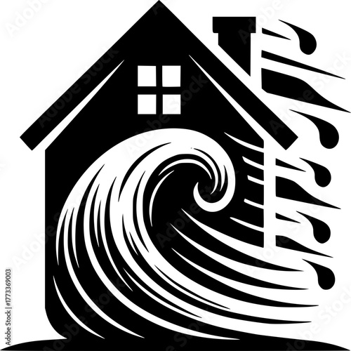 Home Against the Storm: A stark black and white depiction of a house confronting a powerful storm, symbolizing resilience and the impact of the elements.