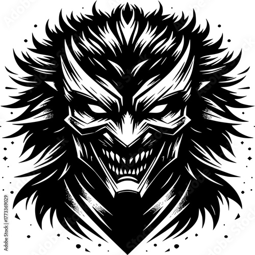 Intimidating Persona: An intense depiction of a menacing persona, a monochrome illustration emphasizing sharp features.