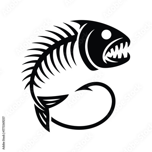 Stylized black silhouette of a menacing fish skeleton with sharp teeth and a fishing hook