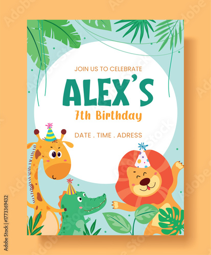 Cute jungle animal birthday invitation template with tropical leaves and party hats. Fun editable vector layout for kids’ party cards, posters, and printable designs.