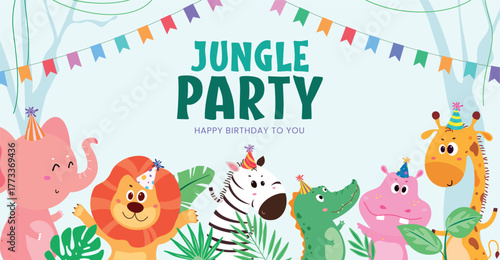 Jungle Party birthday banner with cute cartoon animals wearing party hats. Fun and colorful tropical vector design for kids’ birthday invitations, posters, and greeting cards.
