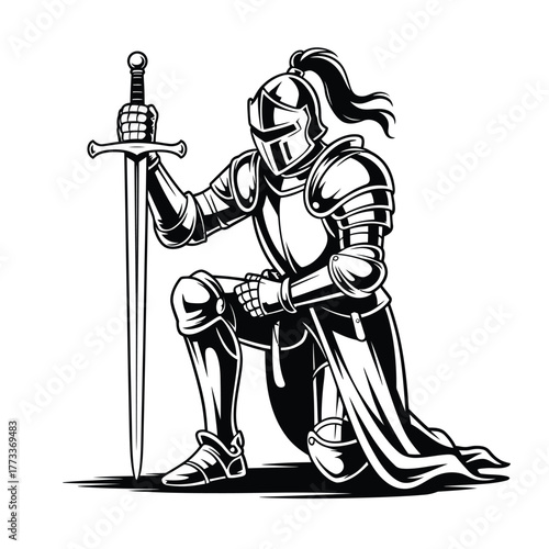 Kneeling knight in full armor holding a sword in a dramatic illustration