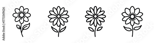 Four simple daisy line art icons for spring and summer floral designs