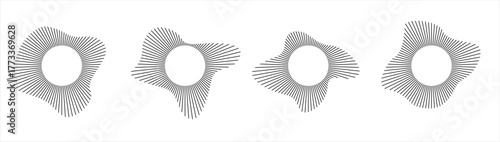 Circular sound waves, depicting audio music, round symbols of voice, icons and logos for equalizers, radial spectrum designs, ring patterns.