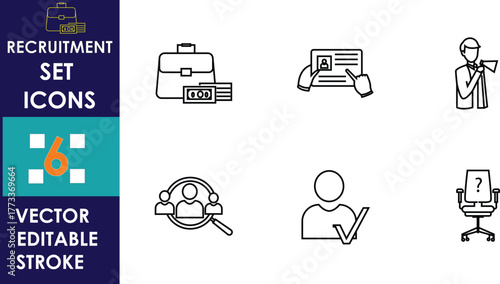 A collection of six recruitment-themed vector icons featuring job applications, resumes, employee search, candidate verification, interview, and vacant chair symbols in a clean, minimal line style
