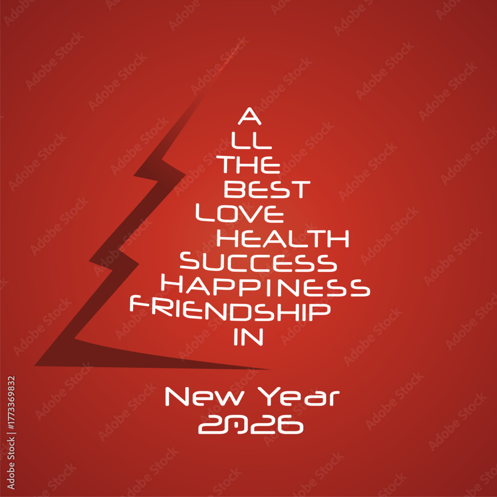Fototapeta premium All the best in New Year 2026 white shining typography on cut out paper Christmas tree. Word cloud greeting text on red background