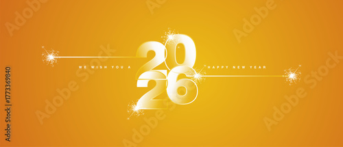 Happy New Year 2026 eve loading line design art numbers logo with sparkle fireworks white orange yellow vector wallpaper greeting card