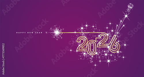 New year event 2026 compact white triple line design white sparkle firework champagne open new year eve golden purple vector wallpaper greeting card
