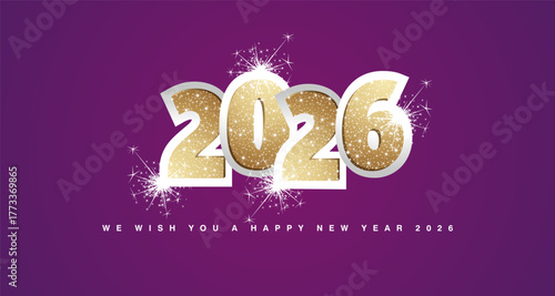 We wish you a Happy New Year 2026 greeting card. Light golden glitter typography on silver 2026 with sparkle firework. New Year 2026 on purple background banner