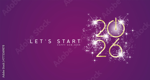 Start of Happy New Year 2026 golden white shining glitter stars rounded typography purple background banner with turn on button icon