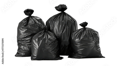 Full black plastic trash bags with tied tops showing garbage waste collection and disposal containers isolated on white background