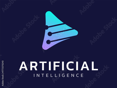 Artificial intelligence with network lines overlapping in rounded Triangle technology Analysis logo vector design concept. AI technology logotype symbol for advance technology, ui, automation, web.