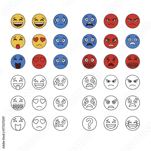 Collection of diverse emoji faces expressing various emotions and styles.