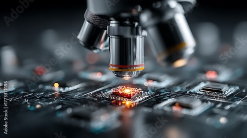 High-tech lab table with glowing AI chip under magnifier, futuristic reflections, soft depth of field, clean center space for text or branding, advanced technology and innovation concept.