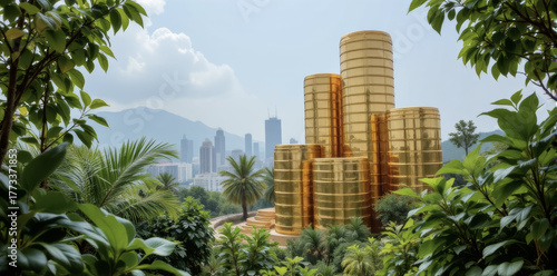 Golden coin tower skyline eco city sustainable finance green economy urban jungle tropical plants modern architecture sunny day mountains