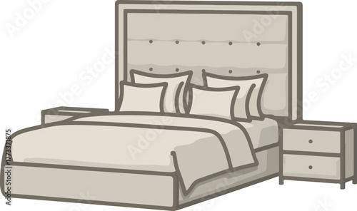 Modern vector bedroom bed with upholstered headboard two pillows duvet and matching nightstands