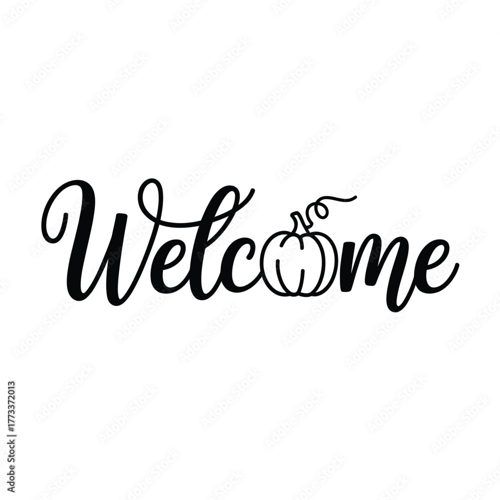 Naklejka premium Handwritten welcome text with a small pumpkin illustration on a white background