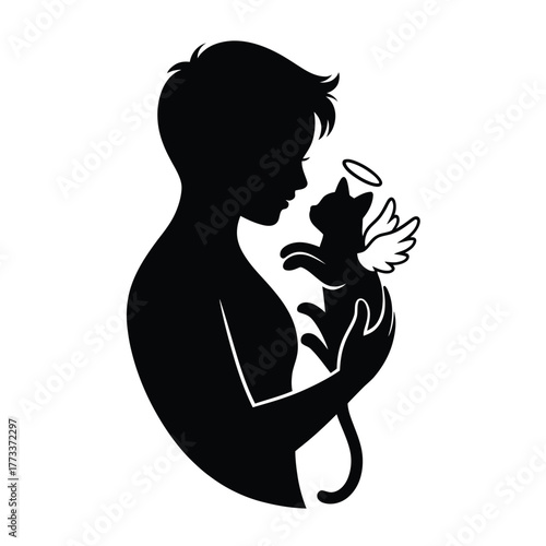 Silhouette of a person holding a beloved cat with angel wings and halo