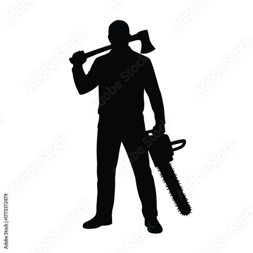 Silhouette of a lumberjack holding an axe and a chainsaw against a white background