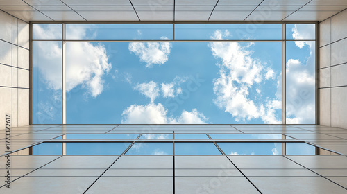 Modern architecture sky view glass windows clouds minimalism geometric design daylight urban