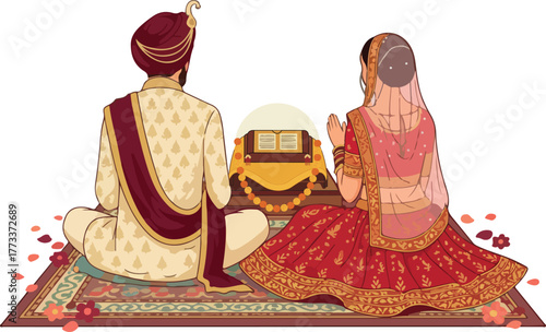 Punjabi Sikh Wedding Couple at Anand Karaj Ceremony Back Side of Reading Holy Book Marriage Illustration