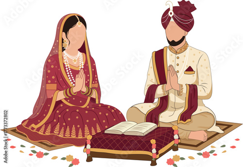 Punjabi Sikh Wedding Couple at Anand Karaj Ceremony Traditional Marriage Illustration 