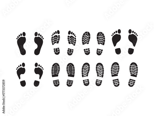 Illustration of footprint and shoeprint silhouettes, representing human presence, journey, and diverse footwear types