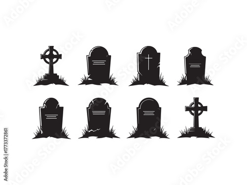 Illustration of silhouetted tombstones and crosses create a somber and eerie atmosphere perfect for halloween designs