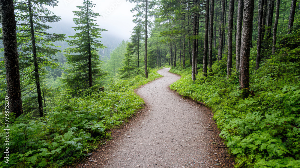 Fototapeta premium Winding trail through lush green forest, surrounded by tall trees and misty atmosphere