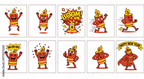 Cartoon firecracker character set with various expressions and actions, including jumping, running, laughing, and a superhero pose.
