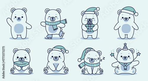 Collection of cute polar bear illustrations in various poses and activities, including waving, ice skating, and sleeping.