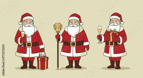 Three Santa Claus figures, one holding a gift, another a drink, and the third a golden staff.