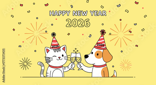 Cartoon cat and dog wearing party hats toast with champagne glasses for Happy New Year 2026.