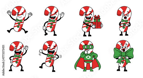 Collection of cartoon candy canes in various poses, holding gifts, and wearing a bow and superhero costume.